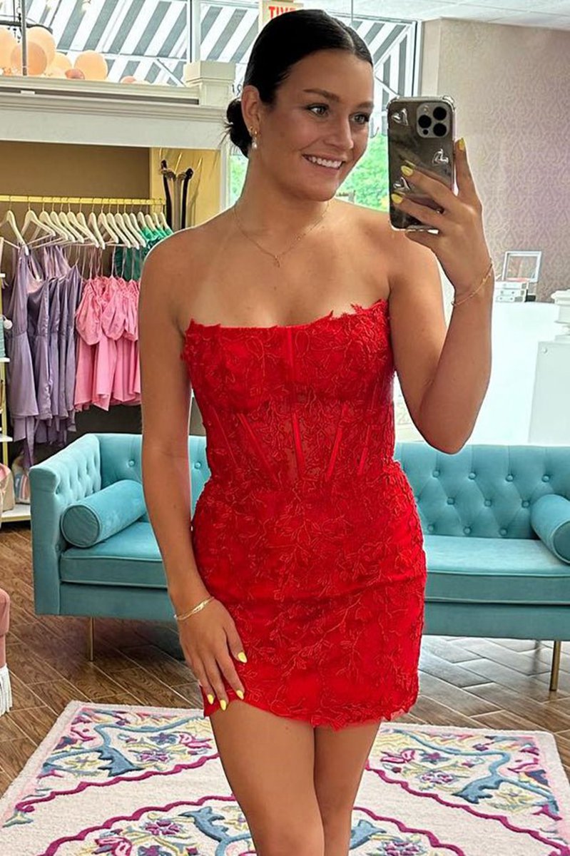 Sheath Strapless Corset Lace Homecoming Dresses