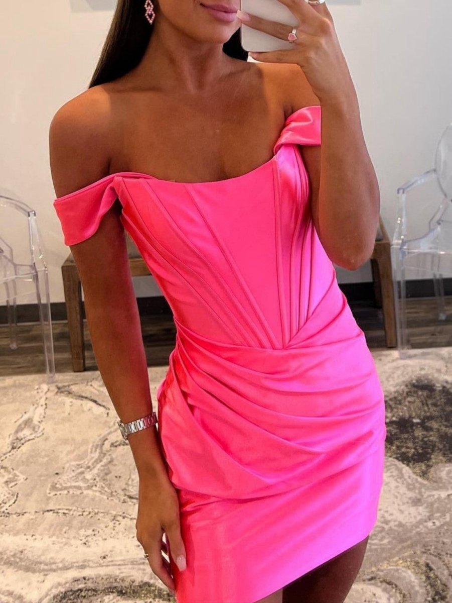 Sheath Off the Shoulder Short Satin Homecoming Dresses