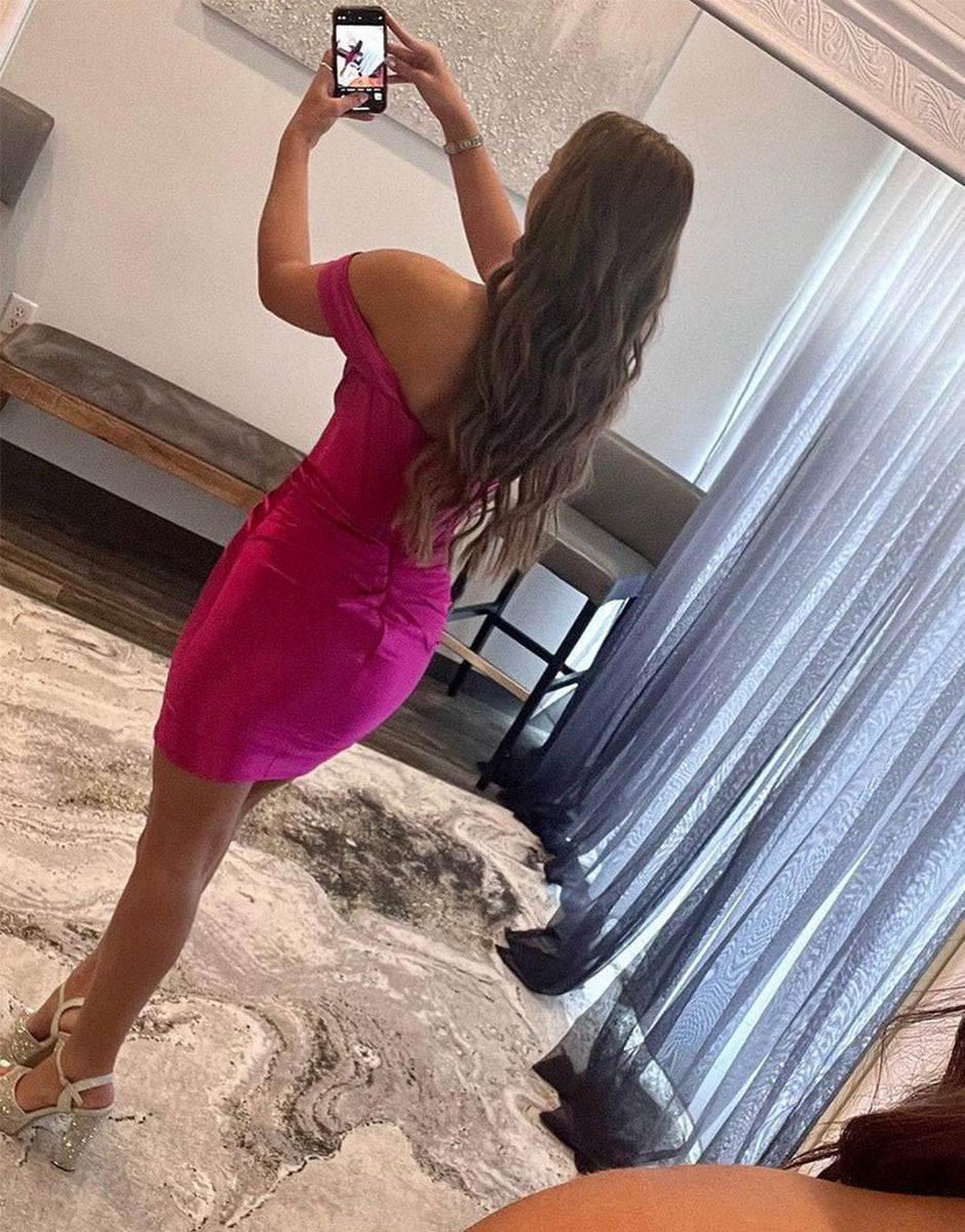 Sheath Off the Shoulder Short Satin Homecoming Dresses