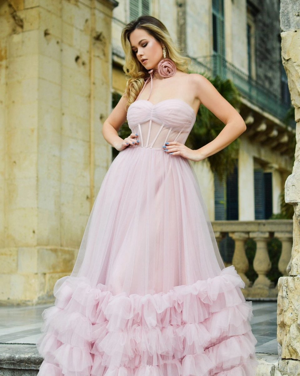 A-line Corset Strapless Tulle Prom Dresses with Ruffles