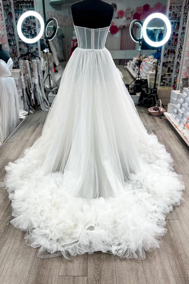 A-line Corset Strapless Tulle Prom Dresses with Ruffles