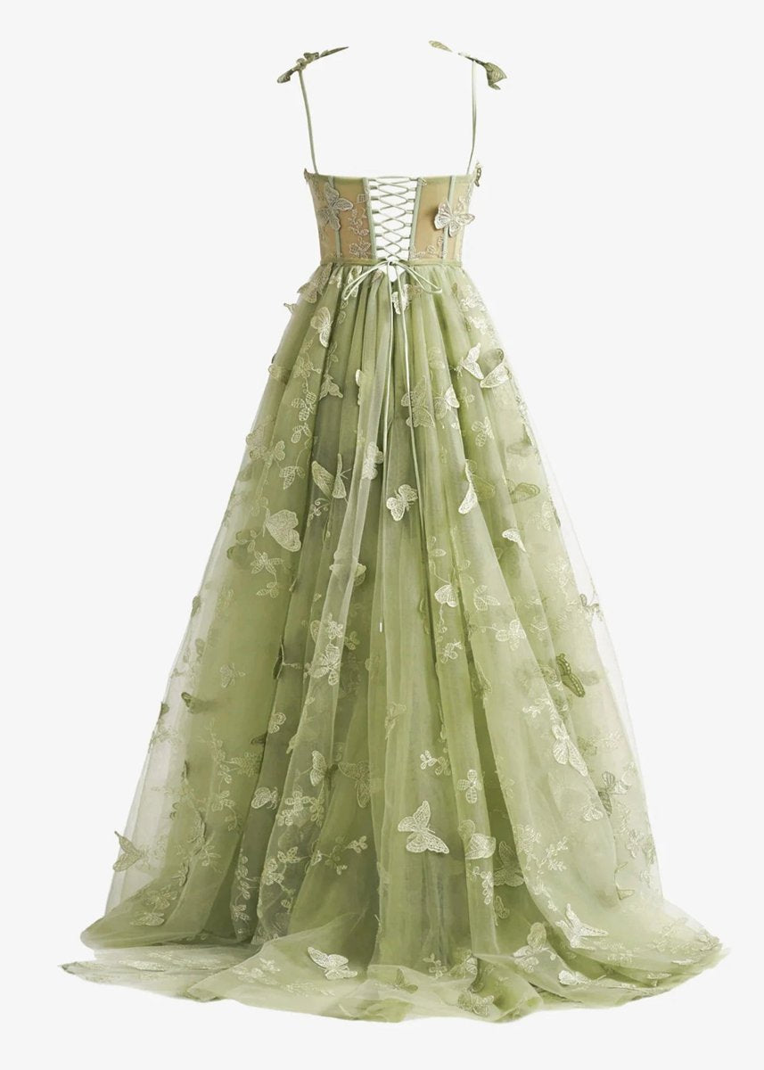A-line Butterfly Lace Corset Prom Dresses with Slit