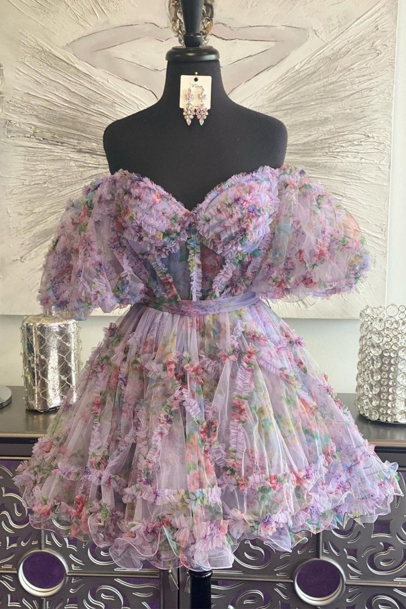 A-line Off the Shoulder Printed Homecoming Dresses