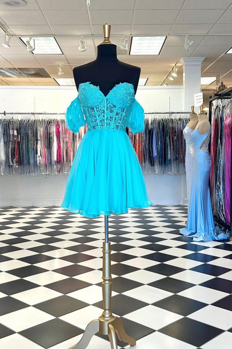 A-line Lace Off the Shoulder Homecoming Dresses with Appliques