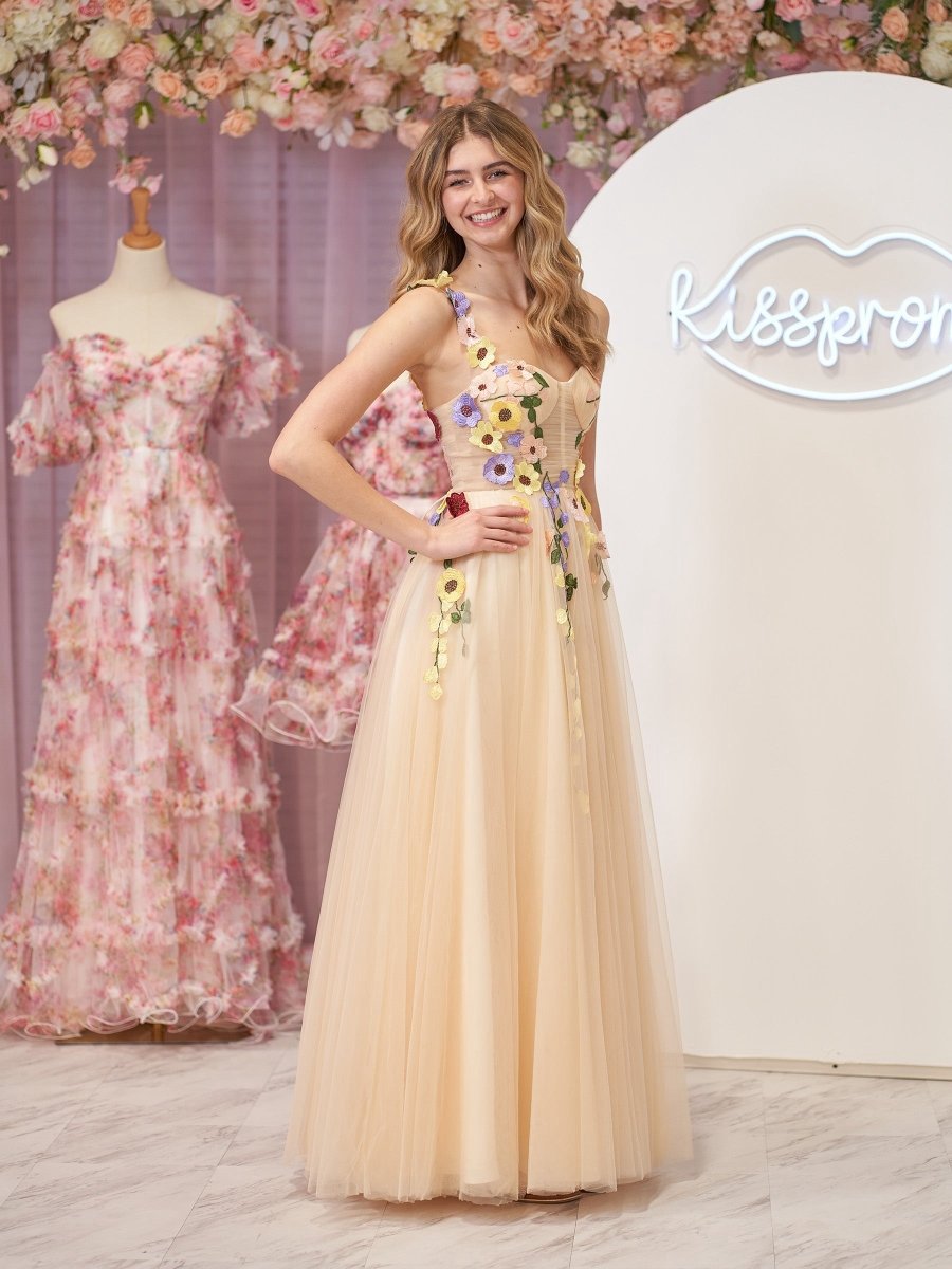A-line Corset Midi Prom Dresses with 3D Flowers