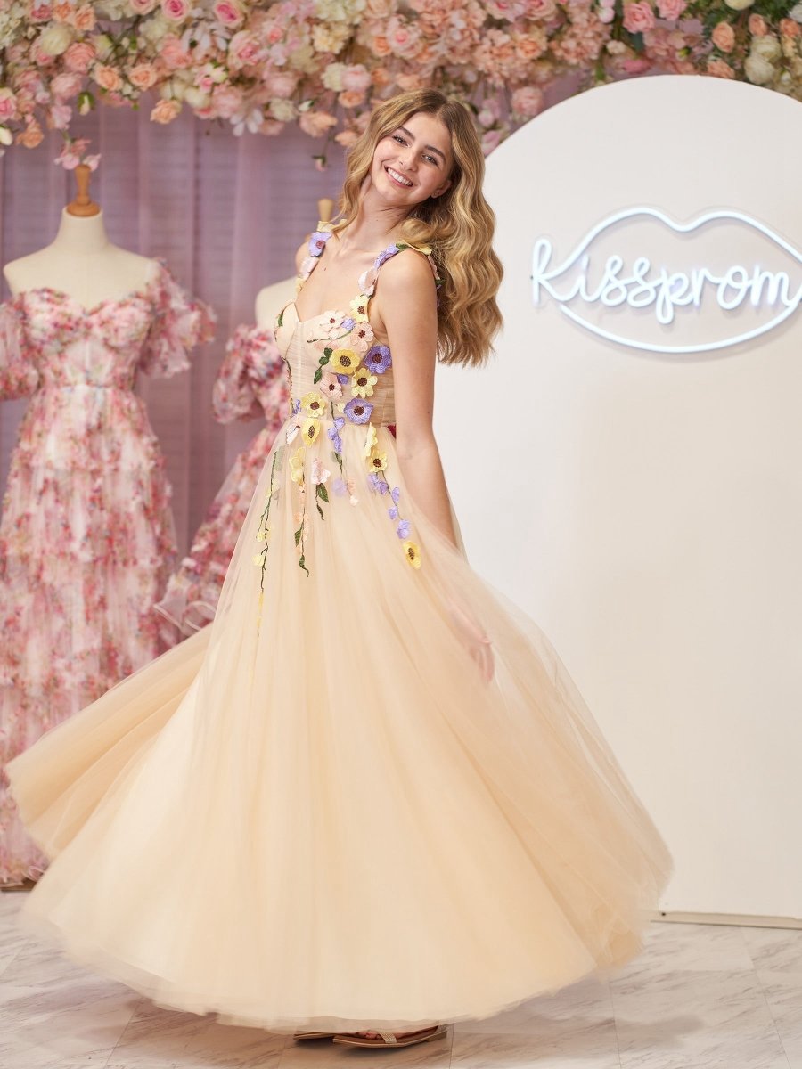 A-line Corset Midi Prom Dresses with 3D Flowers