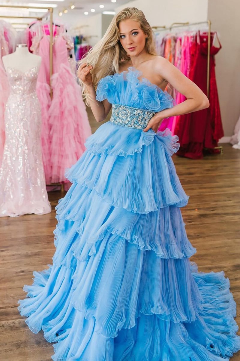 A-line Strapless Long Prom Dresses with Ruffles