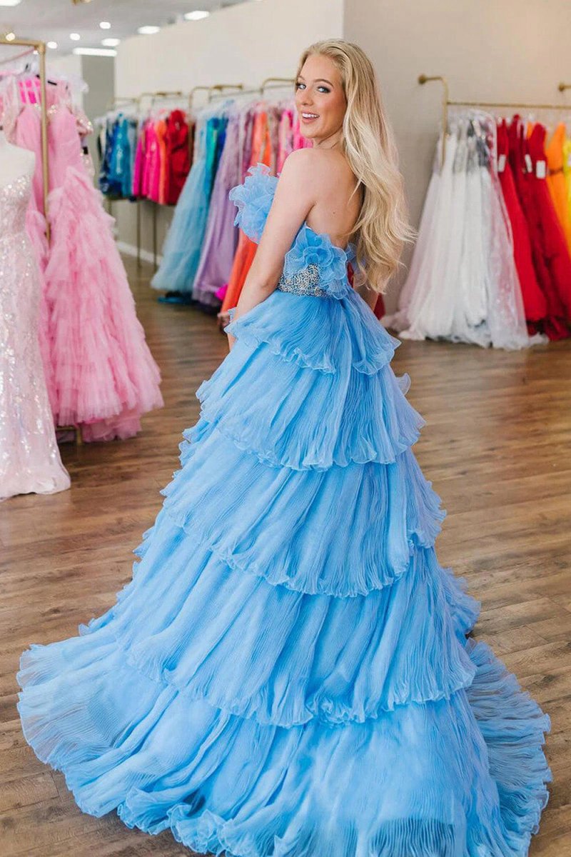 A-line Strapless Long Prom Dresses with Ruffles