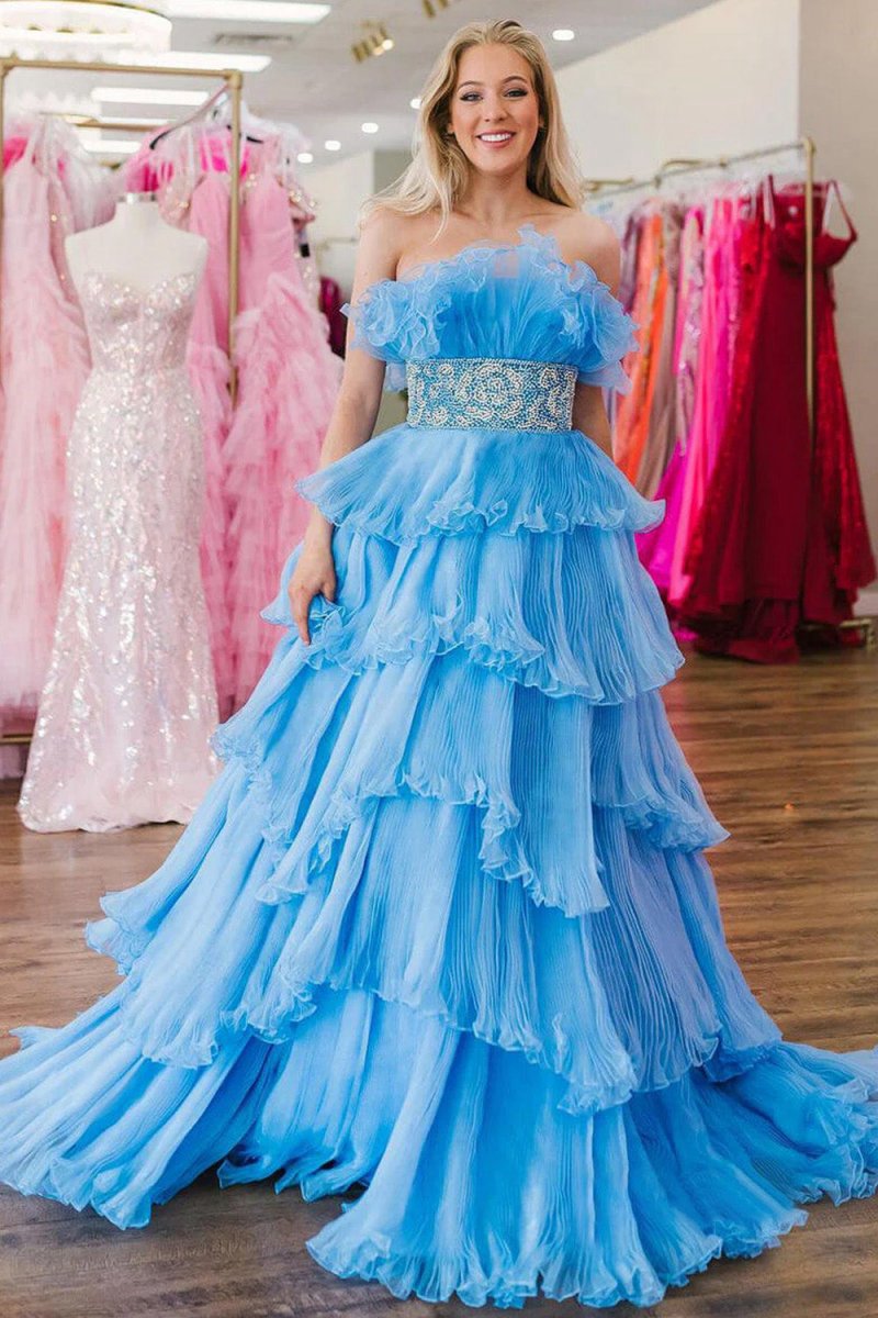 A-line Strapless Long Prom Dresses with Ruffles