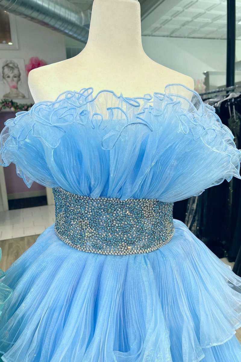 A-line Strapless Long Prom Dresses with Ruffles