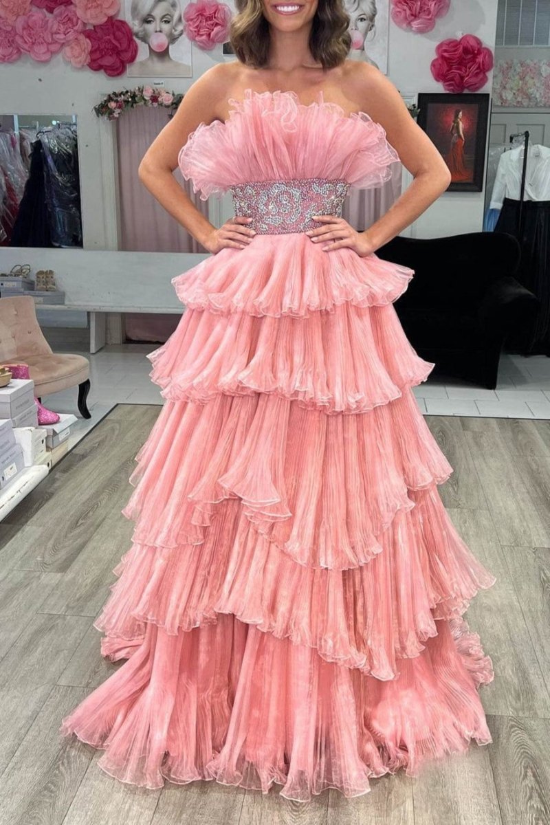 A-line Strapless Long Prom Dresses with Ruffles