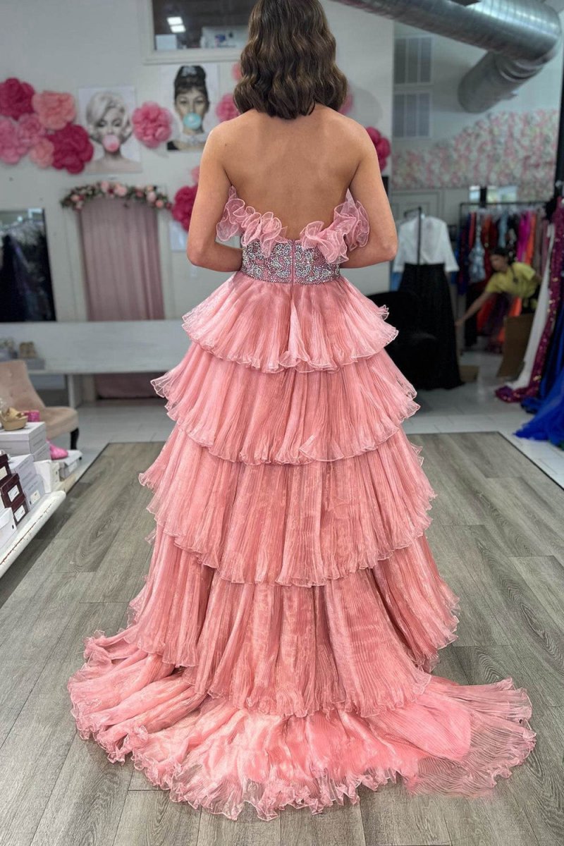 A-line Strapless Long Prom Dresses with Ruffles