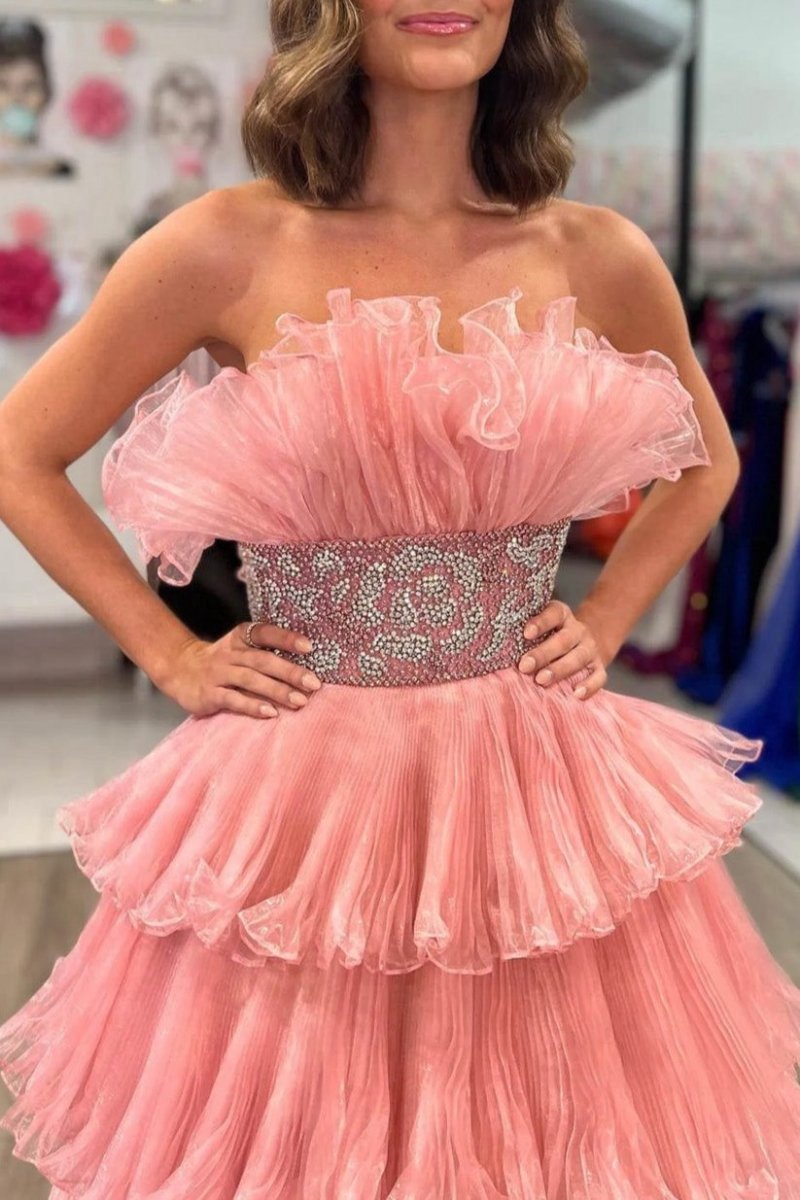 A-line Strapless Long Prom Dresses with Ruffles