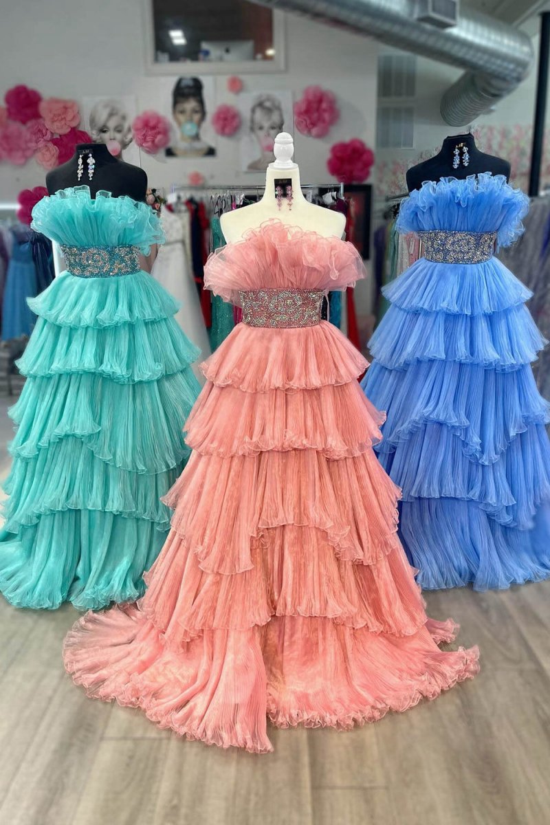 A-line Strapless Long Prom Dresses with Ruffles