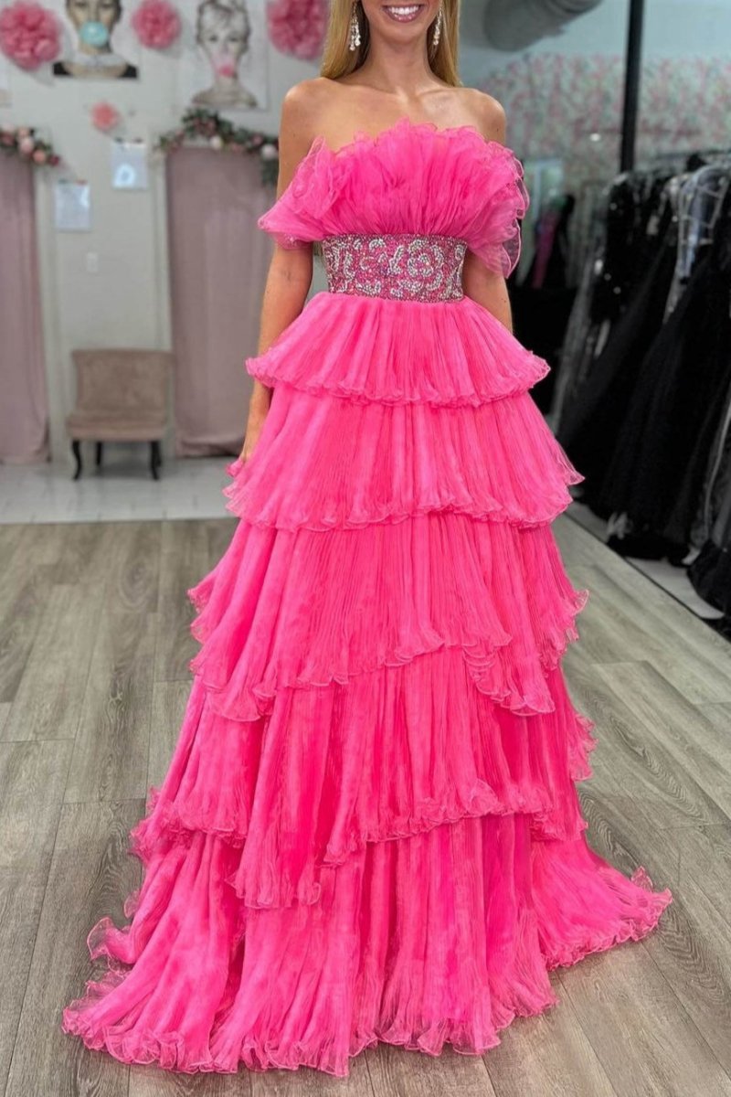 A-line Strapless Long Prom Dresses with Ruffles