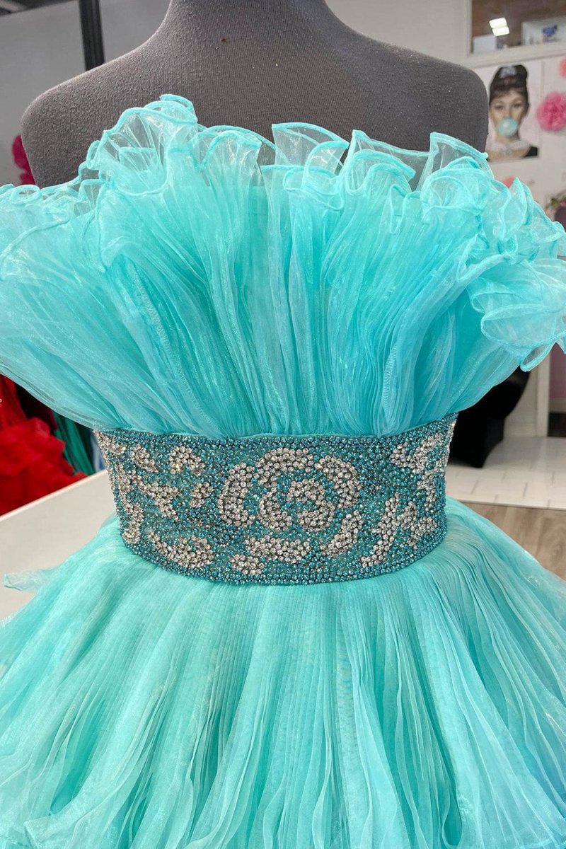 A-line Strapless Long Prom Dresses with Ruffles