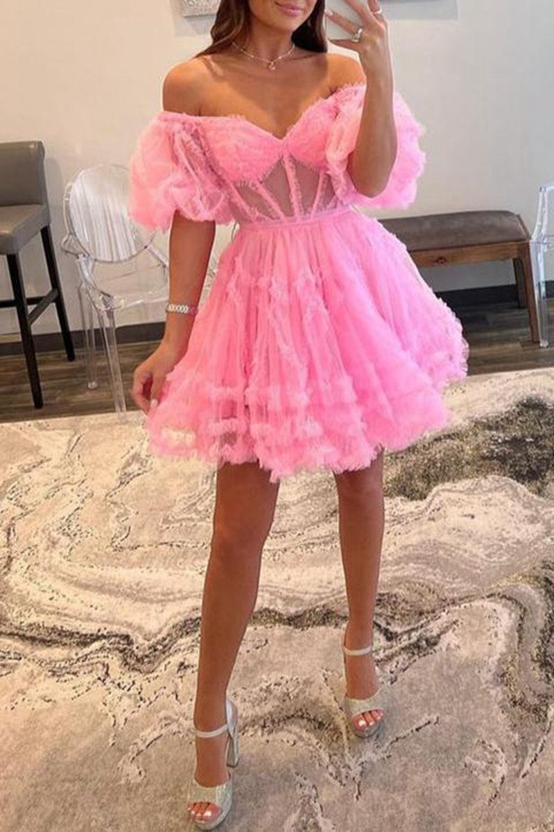 A-line Off the Shoulder Tulle Homecoming Dresses
