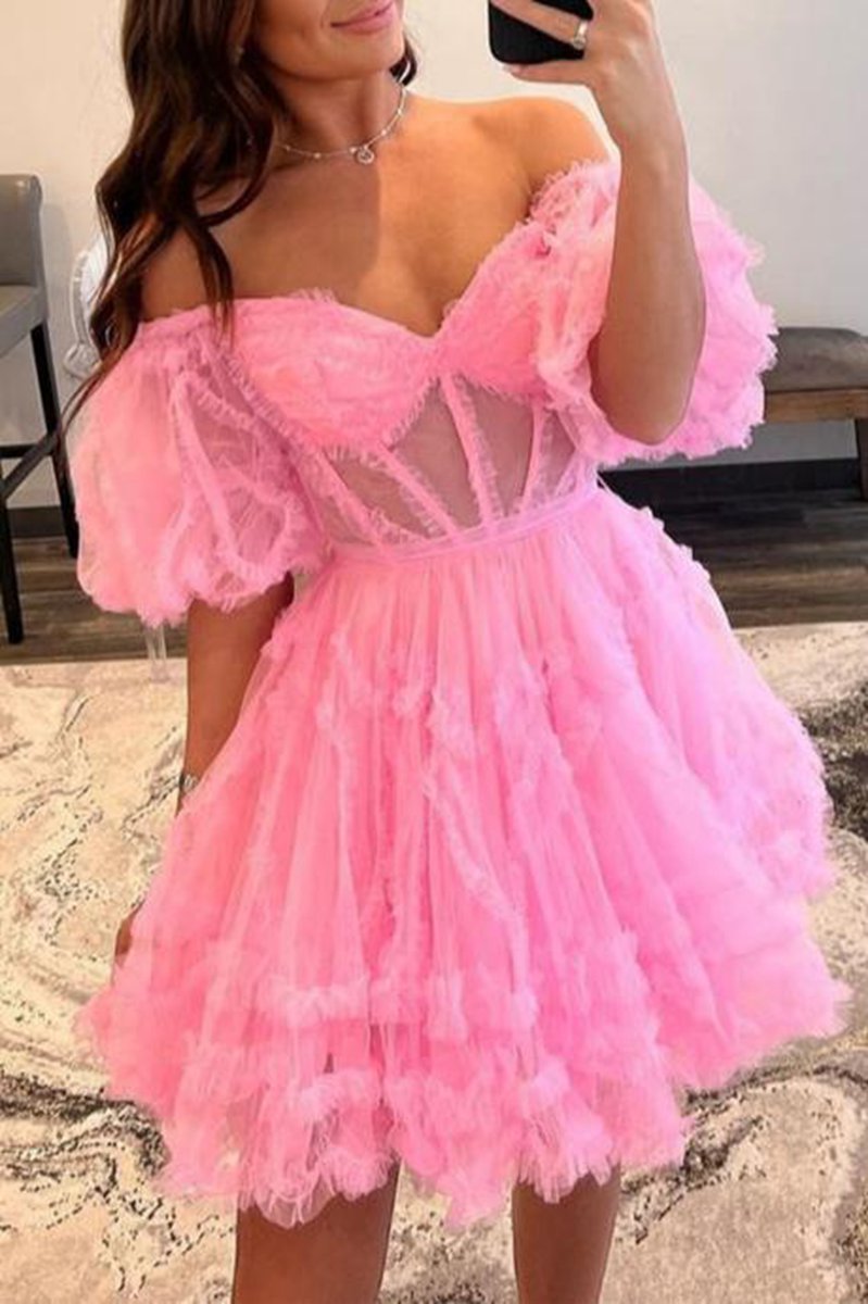 A-line Off the Shoulder Tulle Homecoming Dresses