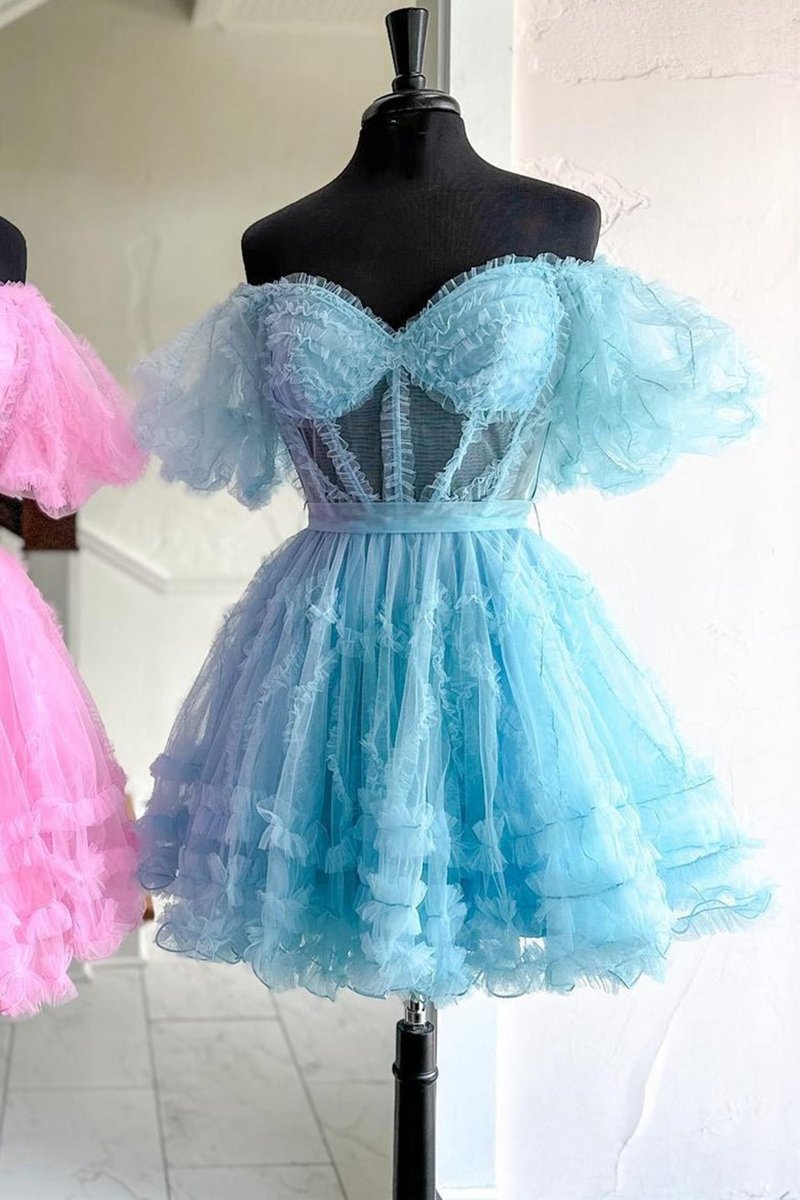 A-line Off the Shoulder Tulle Homecoming Dresses