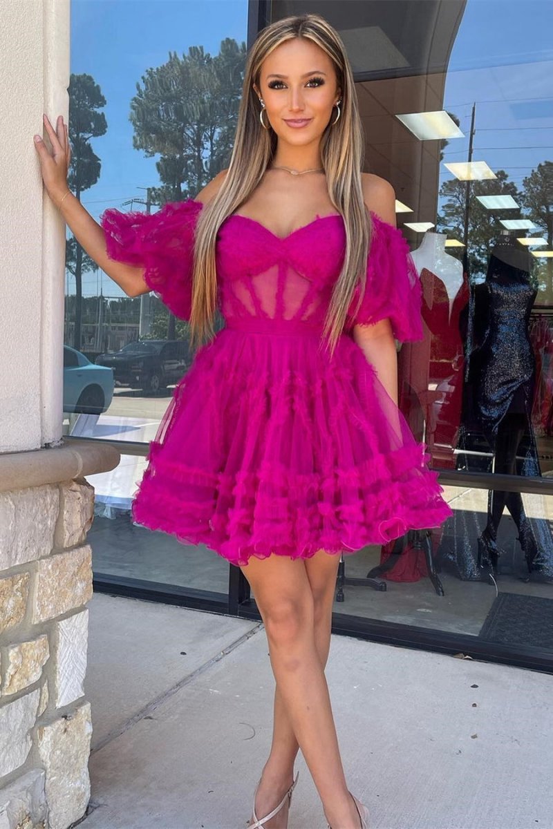 A-line Off the Shoulder Tulle Homecoming Dresses
