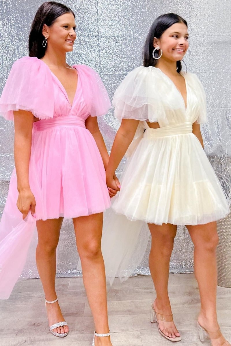 A-line Plunging V Neck Tulle Homecoming Dresses