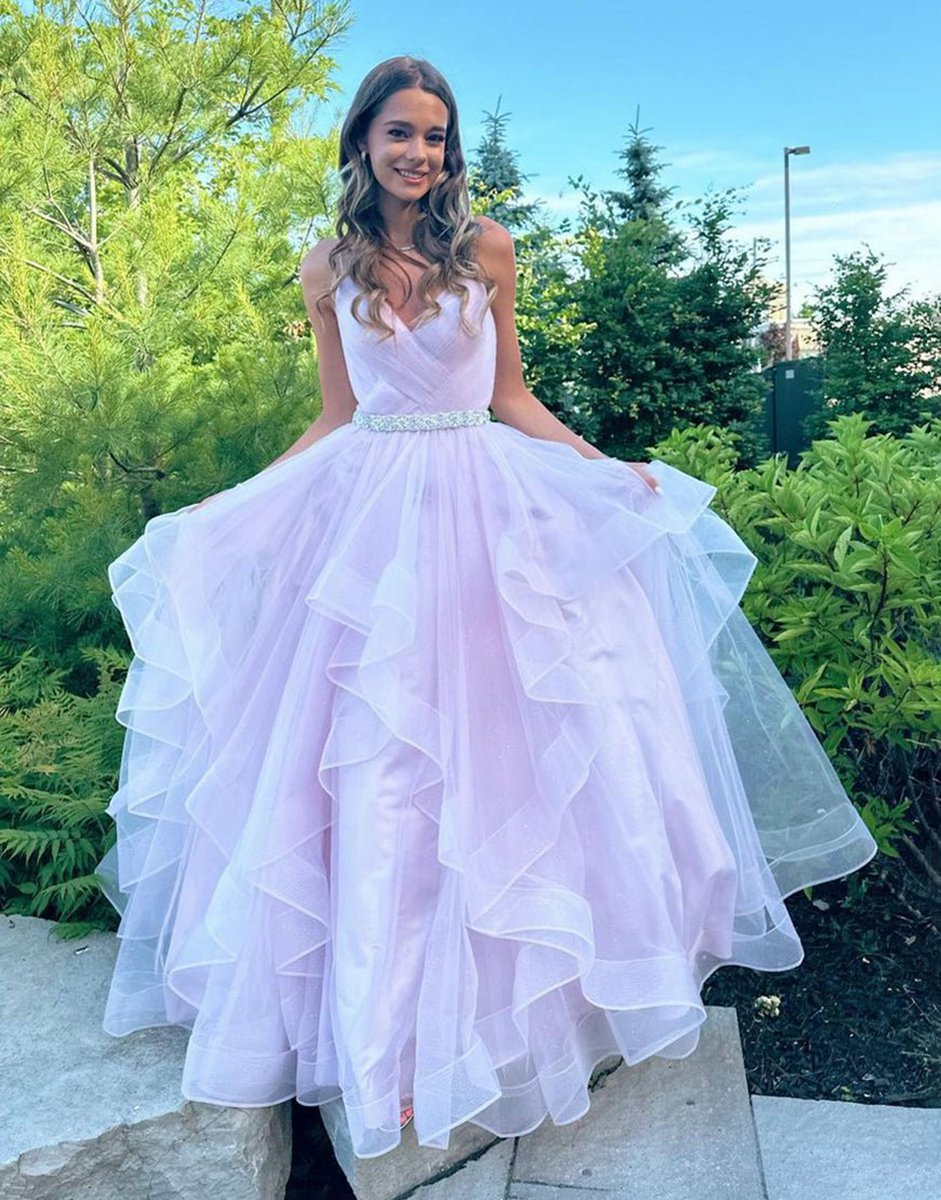 A-line V-Neck Ruffled Tulle Prom Dresses with Belt
