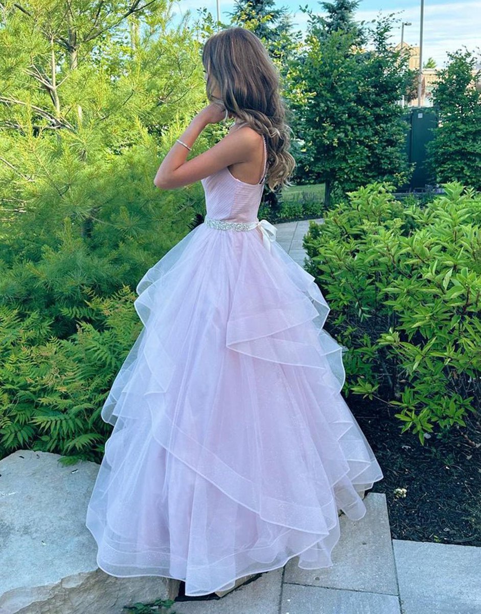 A-line V-Neck Ruffled Tulle Prom Dresses with Belt
