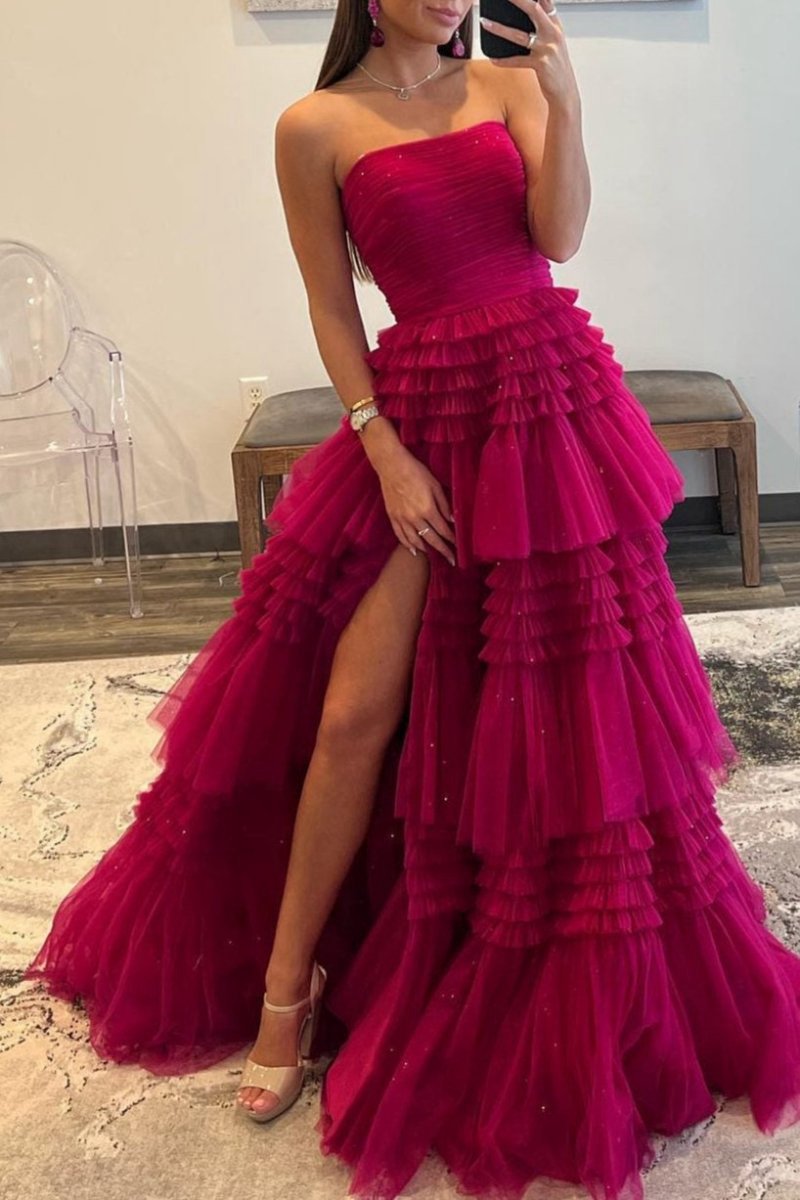 A-line Strapless Tulle Long Prom Dresses with Tie Ruffles