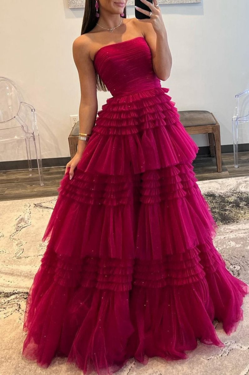 A-line Strapless Tulle Long Prom Dresses with Tie Ruffles