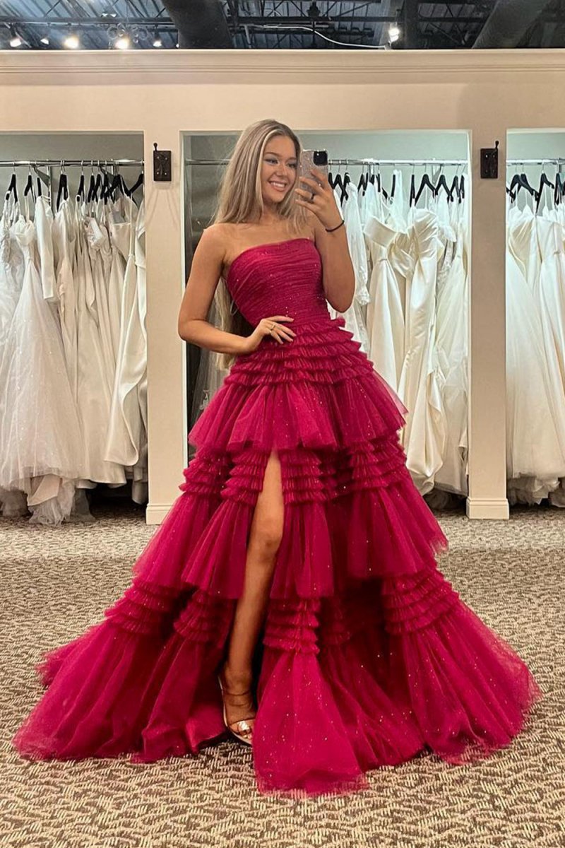 A-line Strapless Tulle Long Prom Dresses with Tie Ruffles