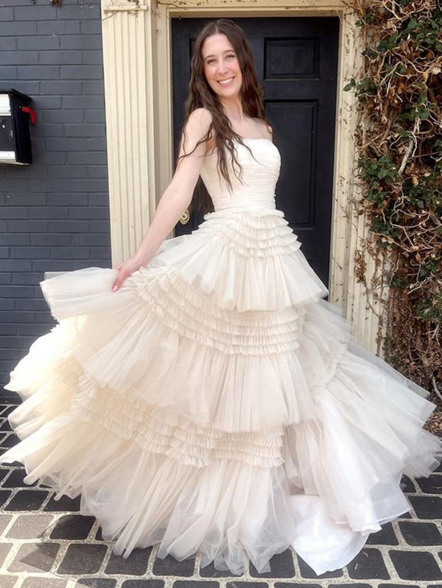 A-line Strapless Tulle Long Prom Dresses with Tie Ruffles