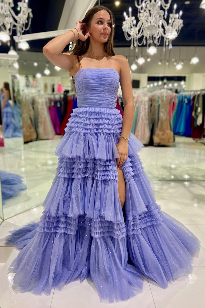 A-line Strapless Tulle Long Prom Dresses with Tie Ruffles