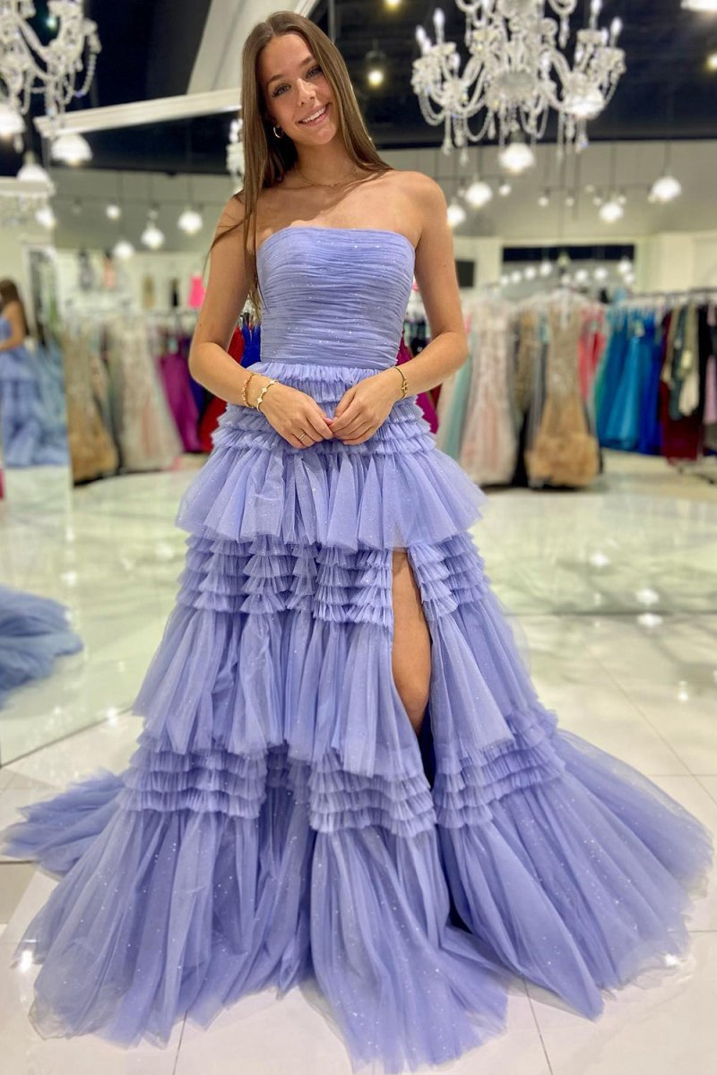A-line Strapless Tulle Long Prom Dresses with Tie Ruffles
