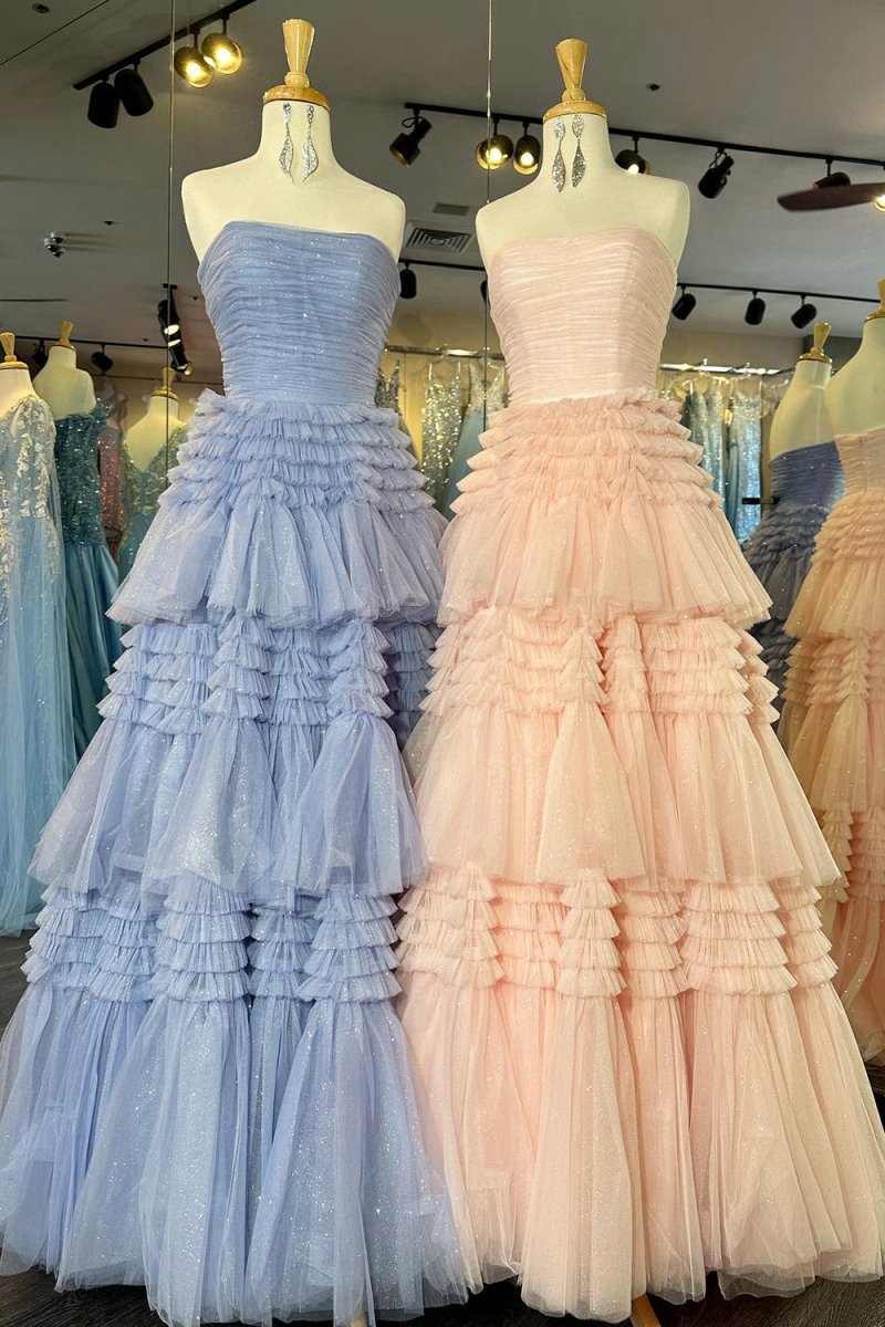 A-line Strapless Tulle Long Prom Dresses with Tie Ruffles