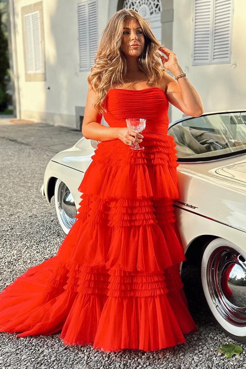A-line Strapless Tulle Long Prom Dresses with Tie Ruffles