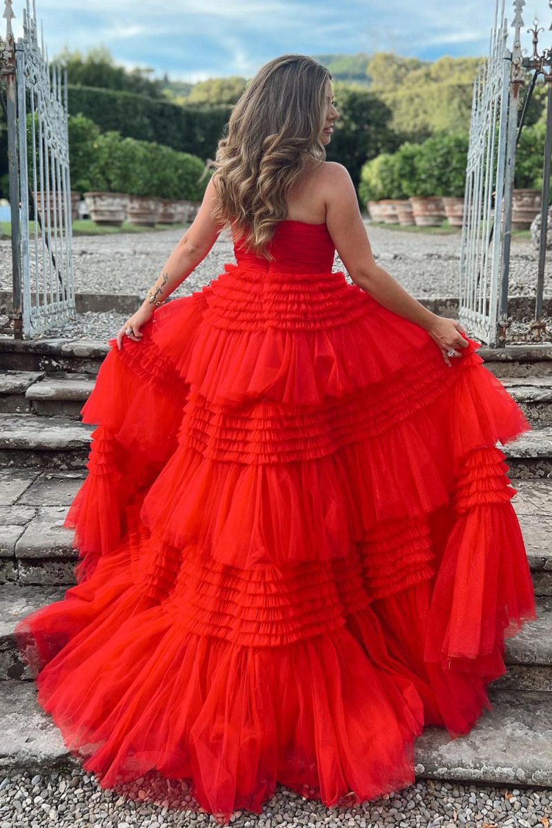 A-line Strapless Tulle Long Prom Dresses with Tie Ruffles