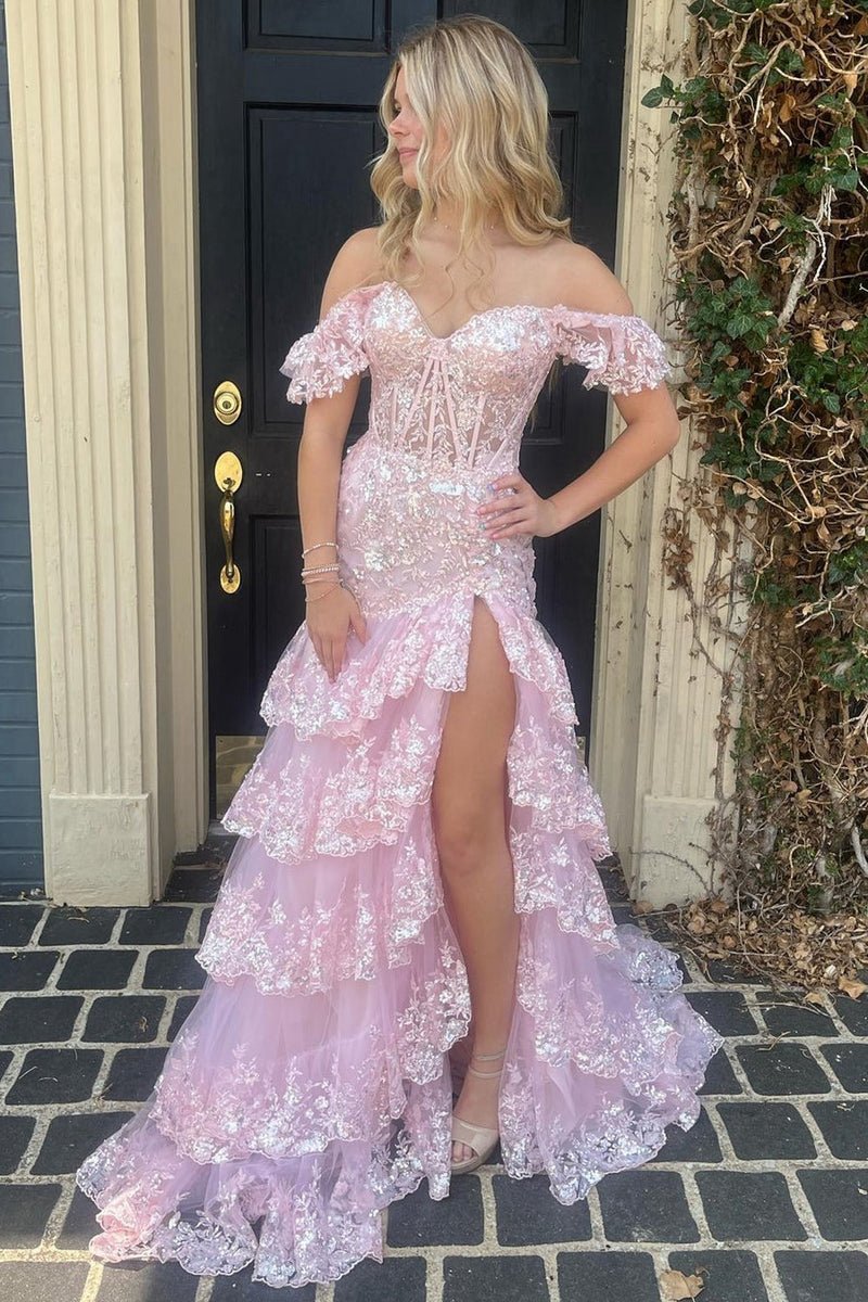 Sheath Off the Shoulder Long Lace Prom Dresses (Lace-up Back)