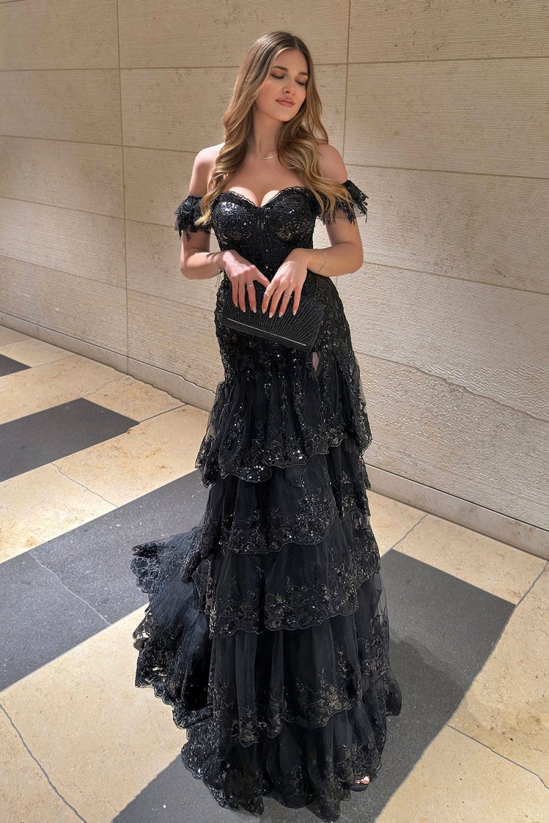 Sheath Off the Shoulder Long Lace Prom Dresses (Lace-up Back)