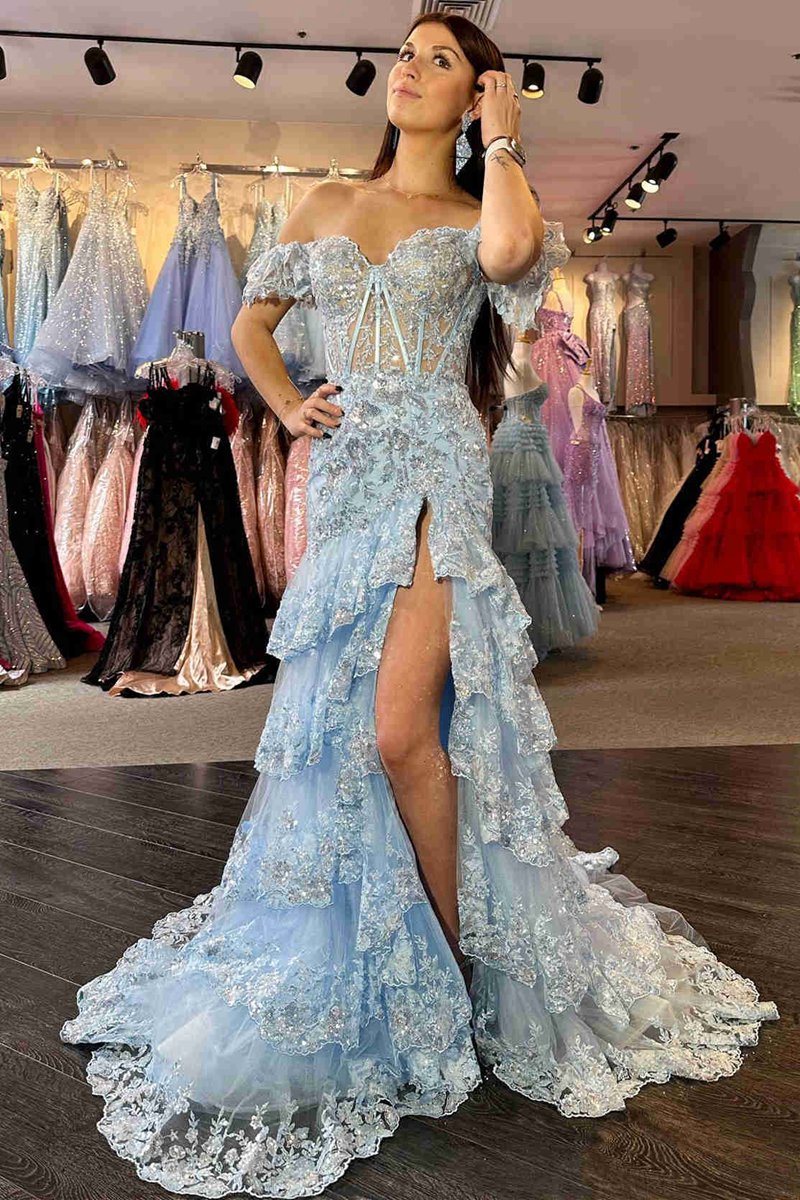 Sheath Off the Shoulder Long Lace Prom Dresses (Lace-up Back)