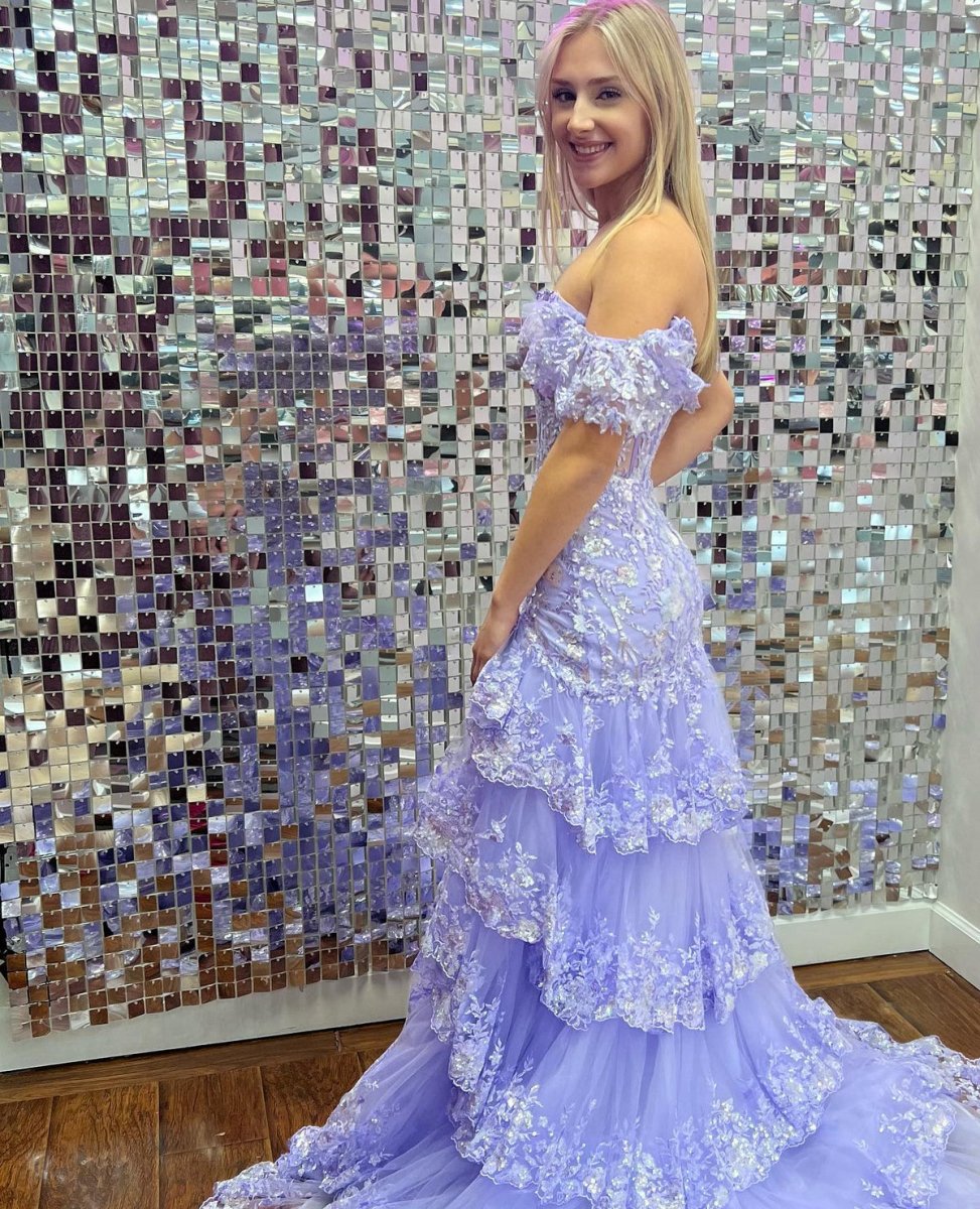Sheath Off the Shoulder Long Lace Prom Dresses (Lace-up Back)