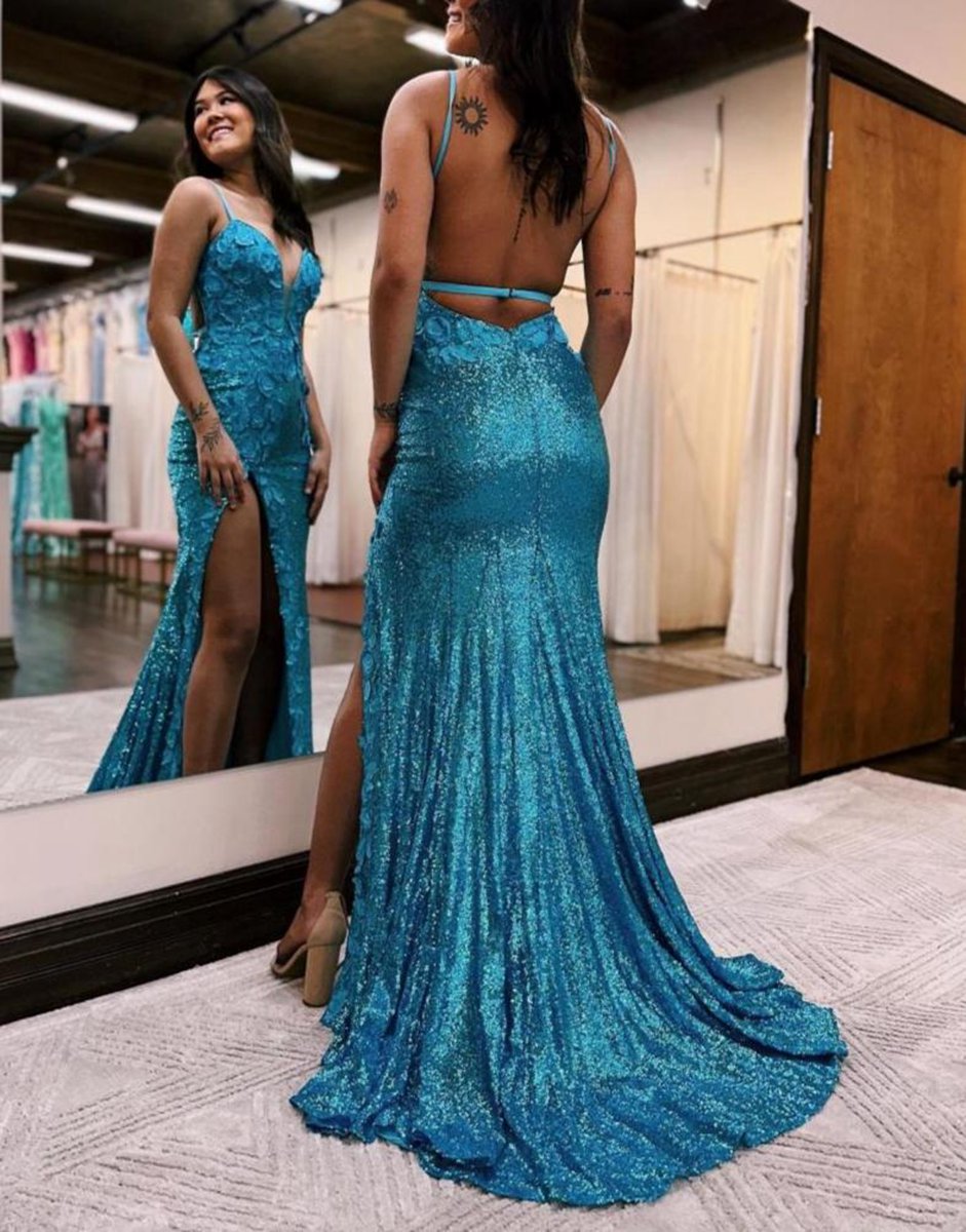 Mermaid V Neck Sequins Prom Dresses with Slit