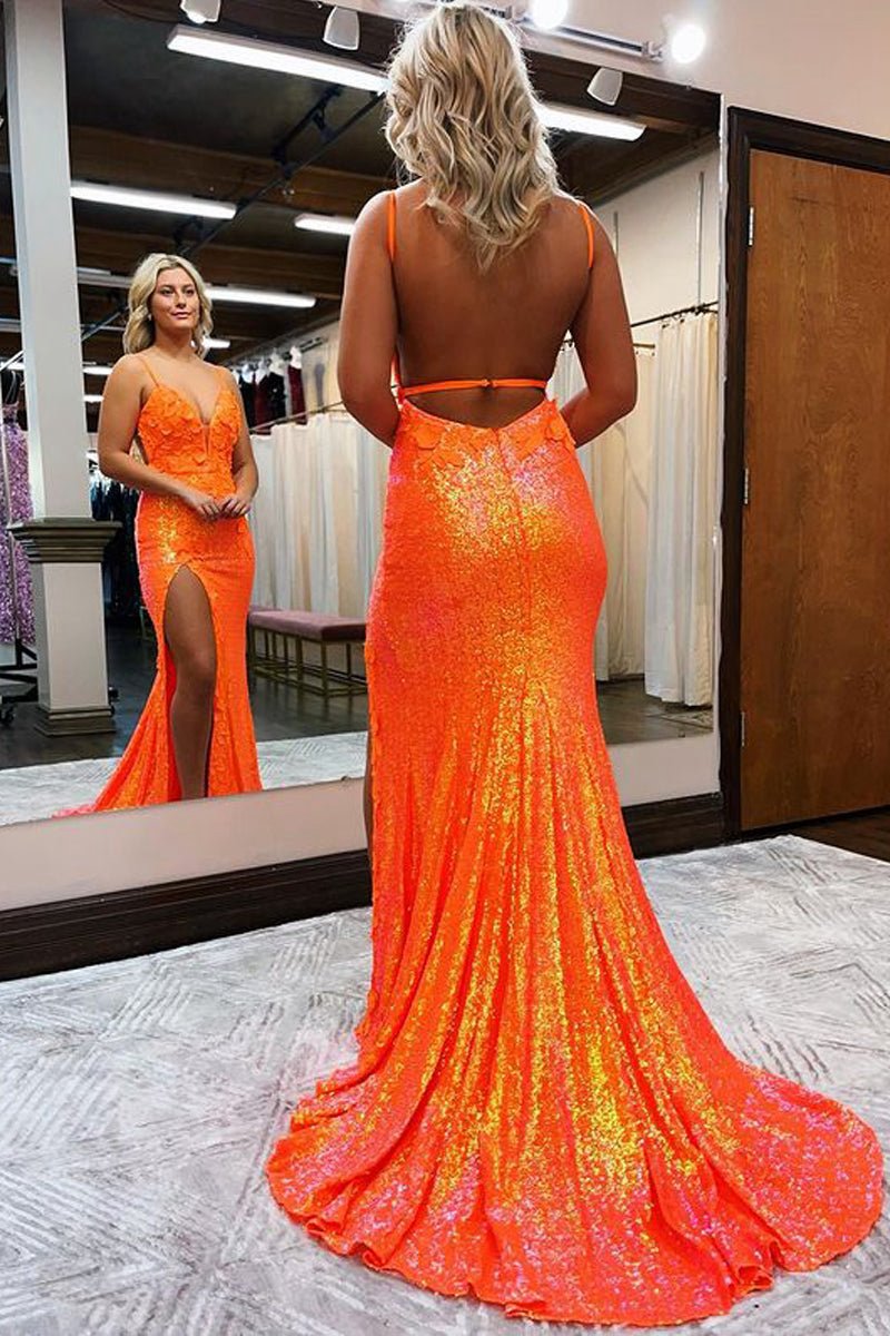 Mermaid V Neck Sequins Prom Dresses with Slit
