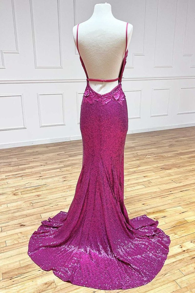 Mermaid V Neck Sequins Prom Dresses with Slit