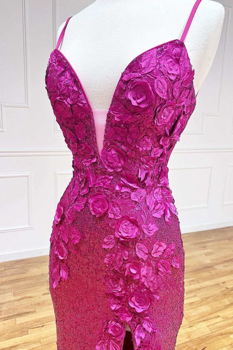 Mermaid V Neck Sequins Prom Dresses with Slit