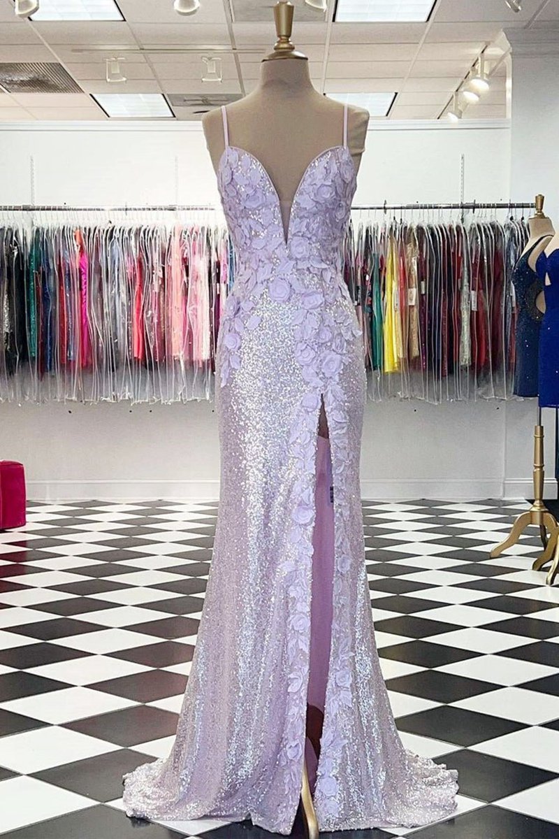 Mermaid V Neck Sequins Prom Dresses with Slit