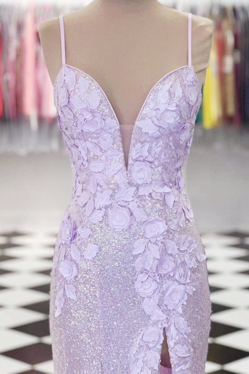 Mermaid V Neck Sequins Prom Dresses with Slit