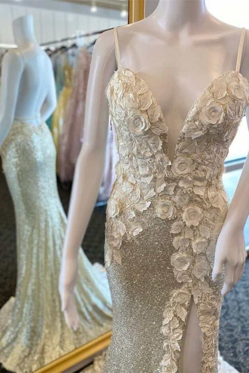 Mermaid V Neck Sequins Prom Dresses with Slit