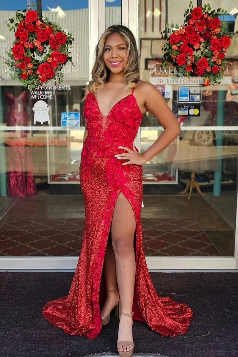 Mermaid V Neck Sequins Prom Dresses with Slit