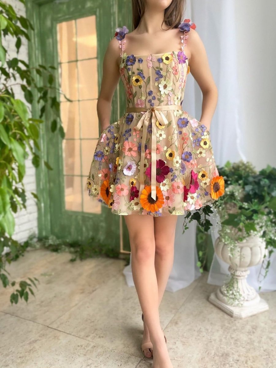 A-line Floral Short Homecoming Dresses with 3D Flowers