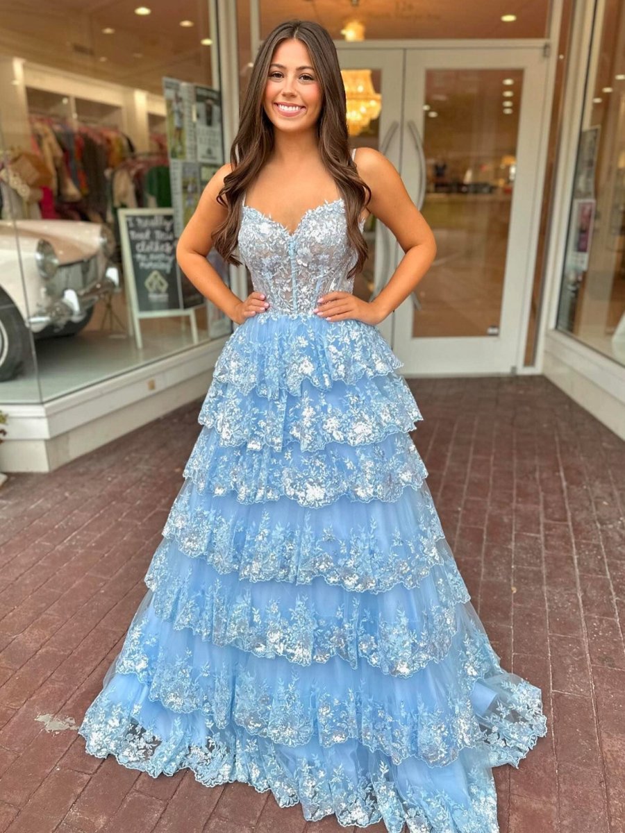 A-line Spaghetti Straps Tie Lace Prom Dresses